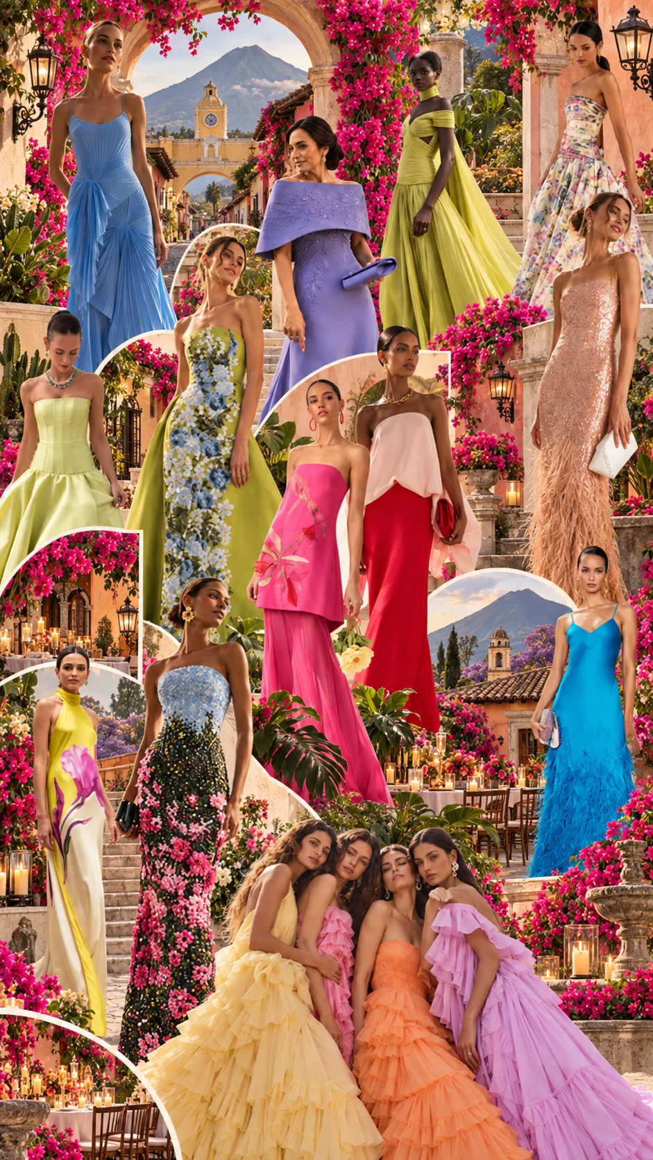 Inspiración de vestidos largos de gala en tonos azul, morado y verde oliva para la Ceremonia y Recepción