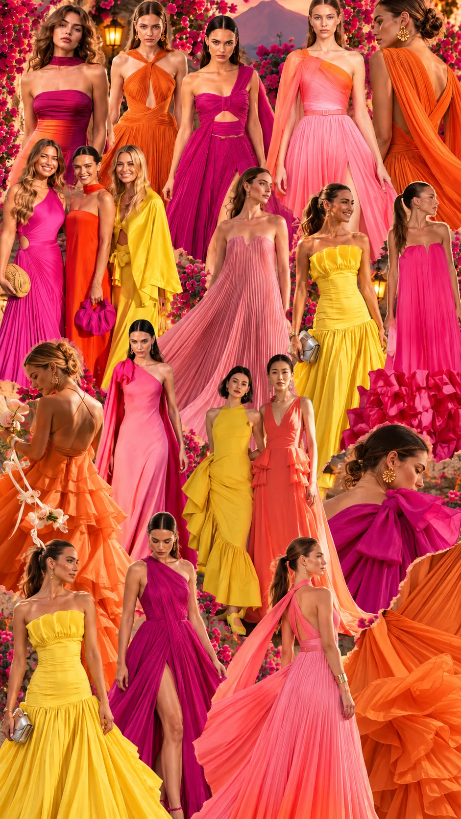 Inspiración de vestidos en tonos fucsia, naranja y amarillo para el Welcome Party